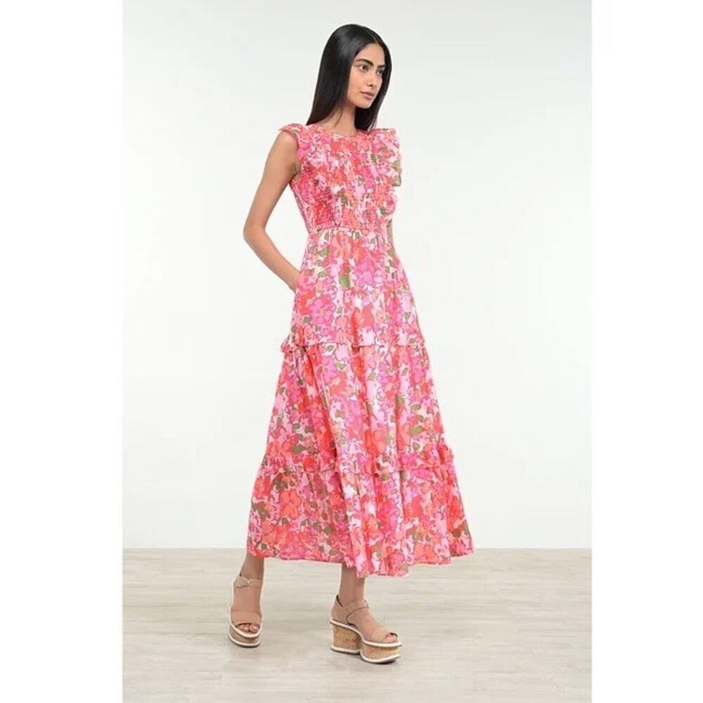 Banjanan Pink Floral Maxi Dress Women’s Medium 100% Cotton Boho Summer Resort